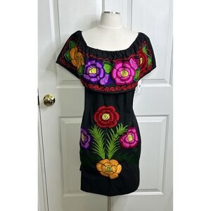 Solei Mexican Off The Shoulder Dress S/M* Black + Multicolored Floral Embroidery